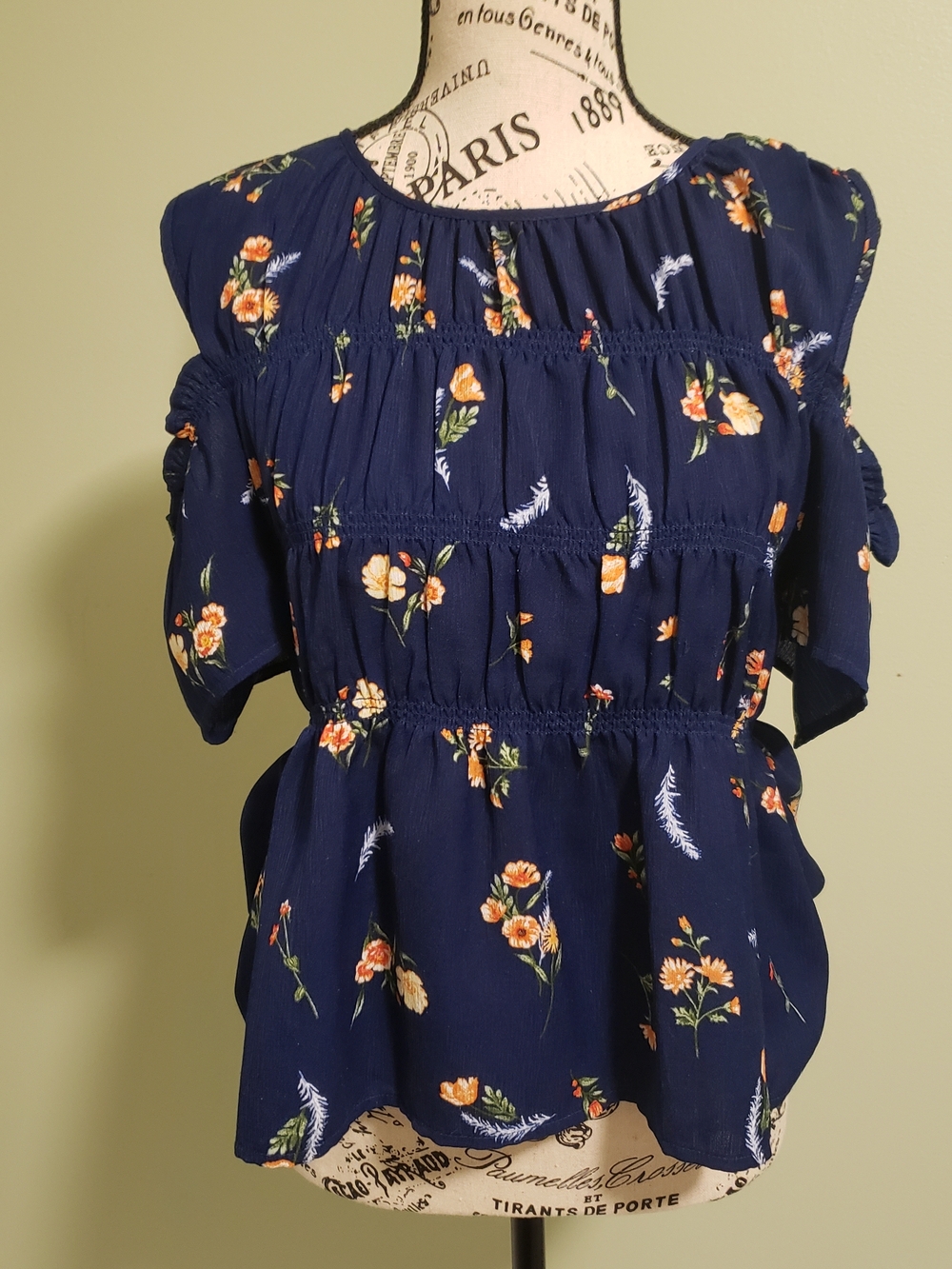 Navy Floral Smocked Cold-Shoulder Blouse